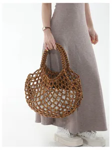 Sac cabas en perles de bois fait main, élégant sac à main évidé de vacances pour femmes.
