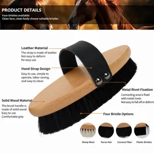 Wooden horse grooming brush with leather strap and four bristle types for equestrian cleaning.