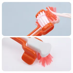 Pet three-sided toothbrush with soft bristles for dogs and cats oral cleaning care tool white orange