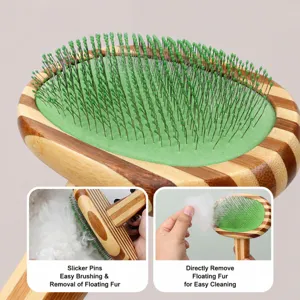 Spazzola per animali in bambù con aghi metallici per toelettatura e rimozione del sottopelo.