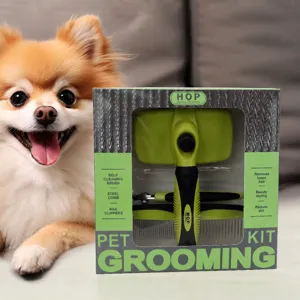 Set Toelettatura per Animali Domestici 3 Pezzi Metallo TPR PP Cane Gatto Spazzola Pettine in Acciaio Tagliaunghie Strumento