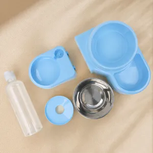 Pet double bowl automatic water feeder and cat food stainless steel bowl set, top view main display.