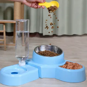 Automatic pet double bowl with water dispenser and food bowl, ideal for cats and dogs feeding.
