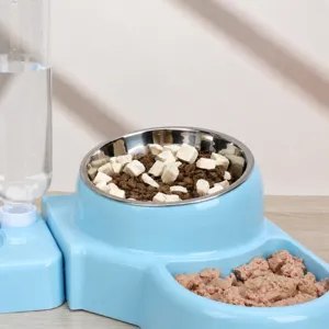 Pet double bowl with water dispenser, elevated cat food bowl and automatic waterer set.