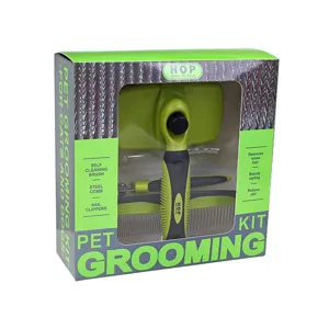 Kit toelettatura per animali con spazzola autopulente e pettine in acciaio per cani.