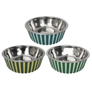 Stainless steel pet food bowls set of three with colorful striped non-slip base for dogs.
