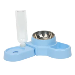 Double pet food and water bowl set with automatic dispenser bottle and stainless steel dish.