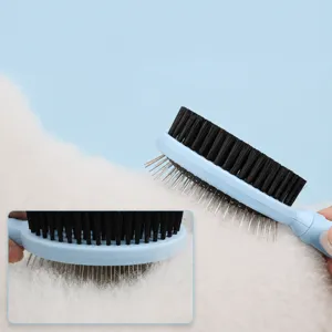 Pet grooming brush with metal pins and soft bristles for double-sided cat and dog hair care.