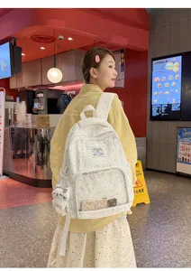 Zaino ita bianco a pois in stile coreano carino con tasca trasparente per studenti.
