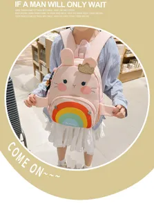 Cute pink cartoon rabbit style children school backpack with rainbow detail for 3-6 years old kids
