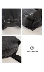 Sac à dos en denim lavé vintage, vue détaillée avec bretelles réglables et boucles en métal.