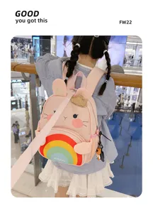 Cute pink cartoon rabbit kids backpack with vibrant rainbow pattern and anti-lost strap.