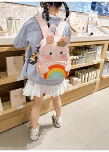 Cute cartoon bunny kids backpack with vibrant rainbow design, perfect for 3-6 years old girls.
