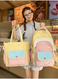 Niedliches farbblockiertes Rucksack- und Tragetaschen-Set für Schülerinnen, modisches Design.