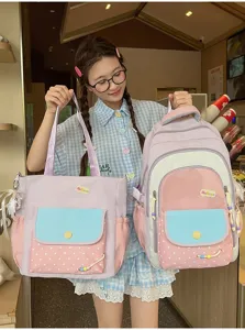 Niedliches Colorblock Rucksack und Taschen Set, große Kapazität für Schüler und Alltag.