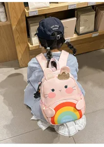 Cute pink cartoon bunny kids backpack with rainbow design, lightweight school bag for girls 3-6 years.