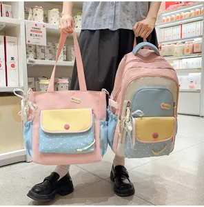 Hübsches, farbblockiertes Schüler-Rucksack- und Taschenset, großes Kapazitätsdesign, rosa.