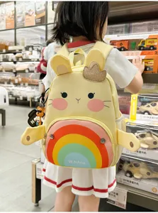 Cute cartoon backpack detail shot showing the yellow color, rainbow pocket, and bear pendant.