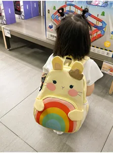Cute cartoon animal style kids school backpack with vibrant colorful rainbow design details.