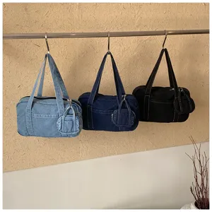 Casual denim shoulder bag underarm tote bag with small coin purse, retro washed style.