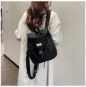 Schwarzer Canvas Kordelzug Rucksack mit Pünktchen Kapuze, stilvolle Schultasche.
