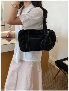 Women fashion vintage washed denim shoulder bag casual commuter canvas underarm bag
