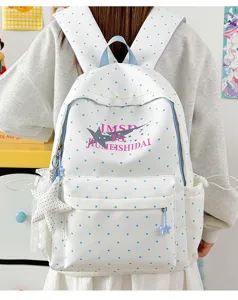 Detailed view of Japanese style polka dot student backpack with cute star print and large capacity.