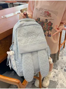 Joli sac à dos style Harajuku japonais bleu à motif d'étoiles avec de longues oreilles.