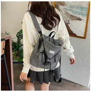 Damen grauer Canvas Rucksack lässig minimalistisch Kordelzug Schultasche Alltag stylischer Daypack