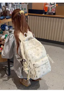 Japanese style cute star print canvas backpack for students, large capacity lightweight bookbag.