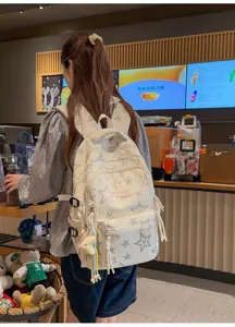 Japanese style cute star print canvas backpack with large capacity for students and casual use.