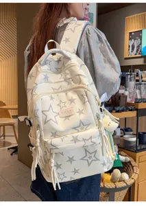 Japanese college style canvas backpack with cute star print, large capacity school bag for students.