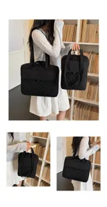Vista di dettaglio della borsa tote in nylon nero trapuntato, borsa per laptop comoda.