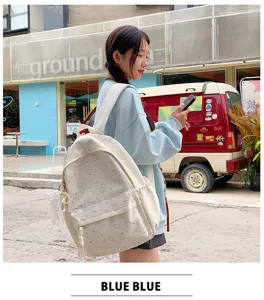 Sac à dos étudiant mignon imprimé cœur style japonais détail, grand sac d'école.