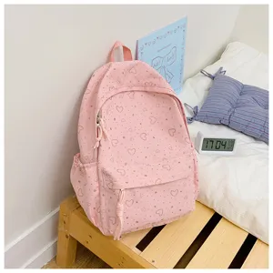 Sac à dos rose mignon motif cœur grande capacité cartable sac de voyage décontracté fille