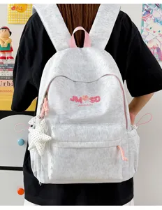 Mochila escolar gris color-block elegante, gran capacidad casual para estudiantes.