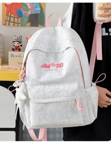 Mochila escolar de lona gris para adolescentes con tirantes rosas y logotipo bordado.
