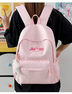 Mochila escolar rosa para estudiantes con gran capacidad y bordado de letras para uso