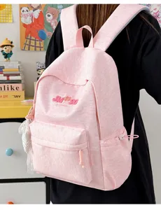 Mochila escolar de lona rosa para estudiantes, mochila informal grande con bordado tierno.