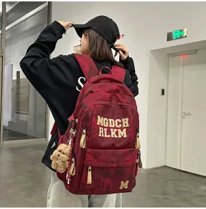 Detailed view of the stylish camouflage student backpack, large capacity school bag for girls.