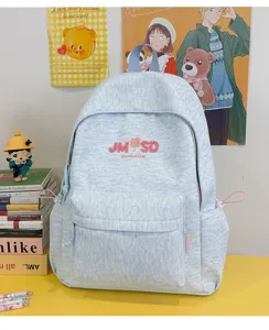 Mochila escolar azul claro jaspeada de gran capacidad con bonito logo para estudiantes.
