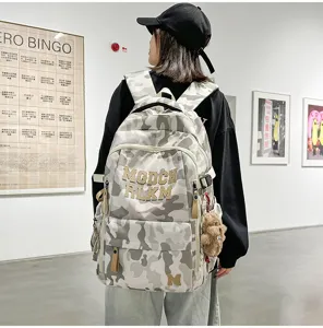 Stylish grey camo school backpack with large capacity, letters embroidery and cute bear pendant.