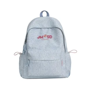 Mochila de estudiante de tela jaspeada azul claro con gran capacidad y bolsillo frontal.