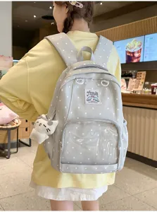 Zaino casual coreano a pois con tasca frontale trasparente, perfetto per studenti e uso quotidiano.