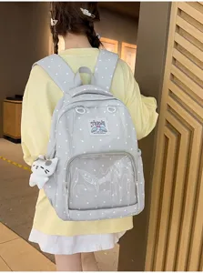 Zaino stile coreano a pois con tasca trasparente, carino zainetto scolastico per ragazze.