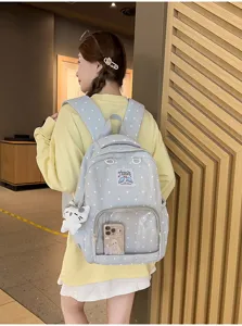 Zaino scolastico a pois carino in stile coreano con tasca trasparente e gatto.