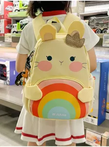 Cute cartoon children schoolbag yellow backpack with rainbow pocket for girls daily use