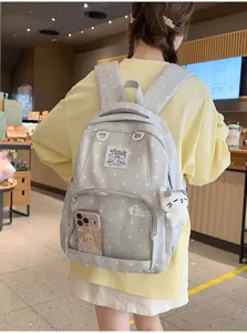 Zaino ita a pois in stile coreano rilassante con tasca frontale trasparente e ciondolo gatto carino.