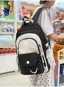 Schwarz weißer Colorblock Studenten Rucksack große Kapazität Schulranzen mit Netztasche süß