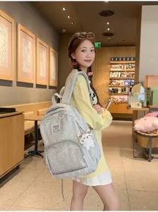 Zaino con pois carino in stile coreano grande capacità borsa scolastica con tasca trasparente.